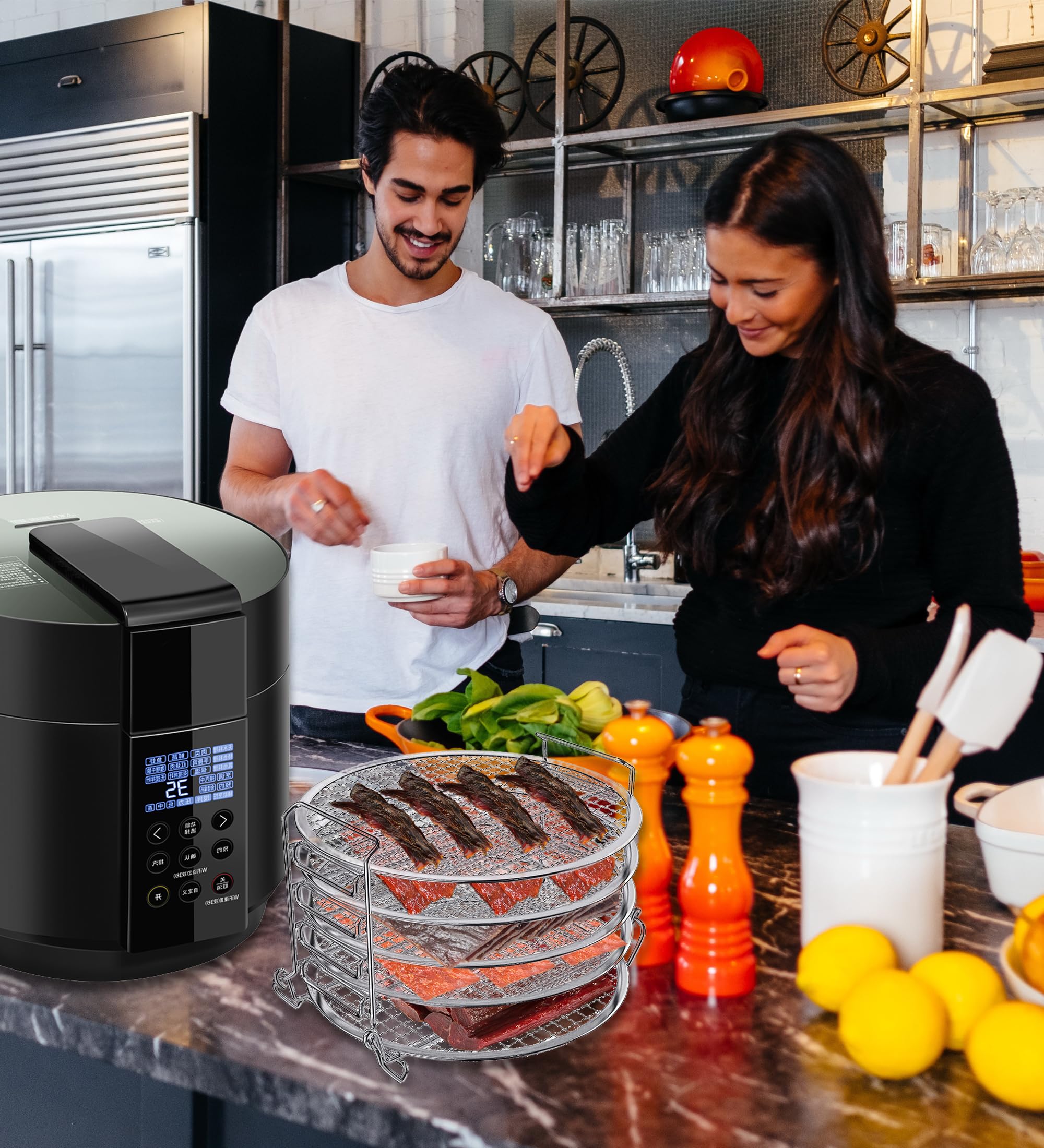 Moyios dehydrator rack top handles for easy transport.