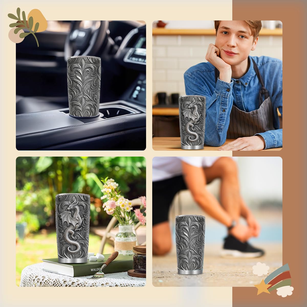 MoYueno easy-clean dragon tumbler with included cleaning brush.