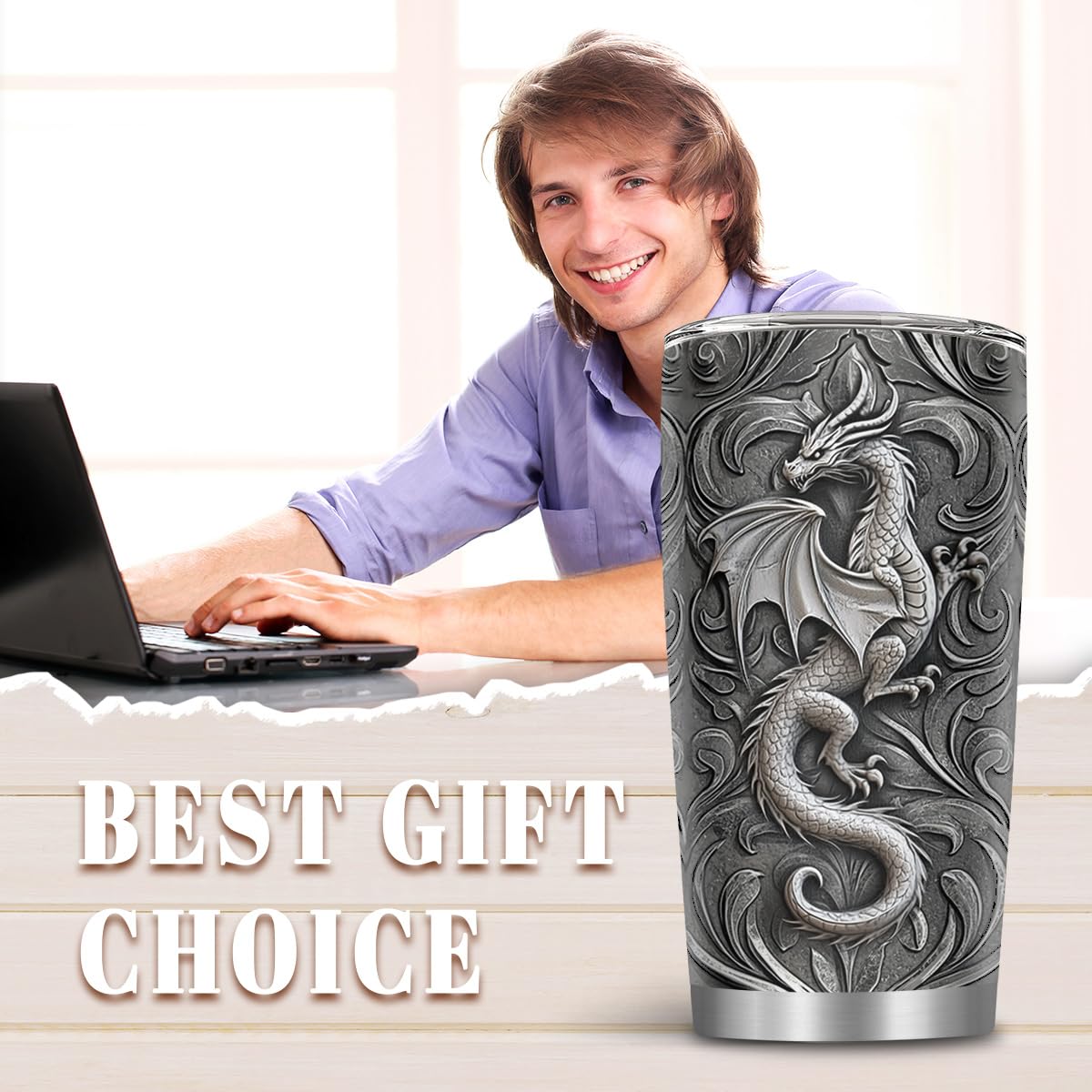 MoYueno flat printed dragon graphic on mug for bold style.