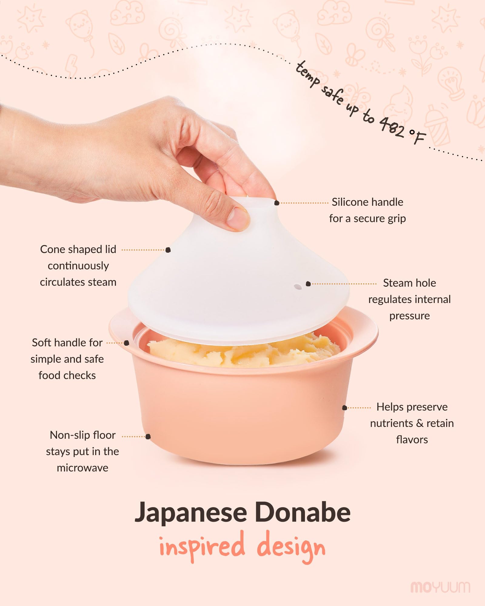 MOYUUM 550ml baby-food steamer enables quick portions.