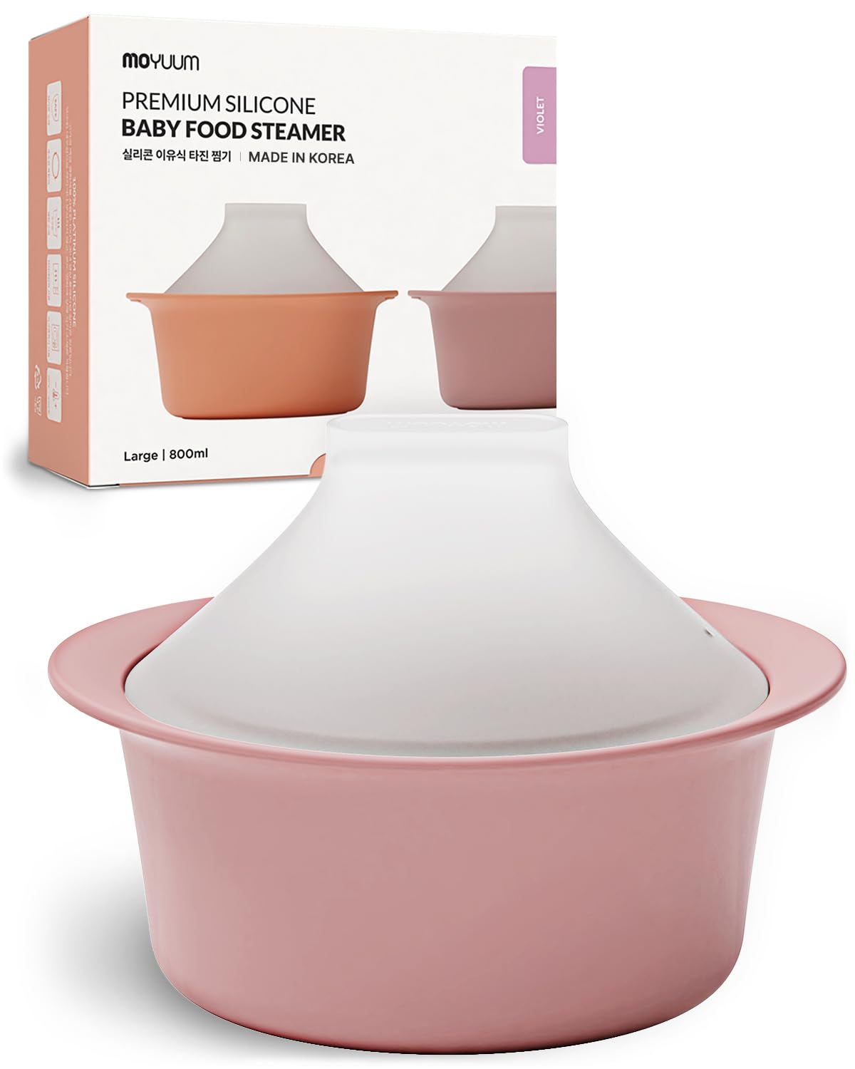 MOYUUM silicone microwave steamer bowl with lid for easy baby food prep and steaming.