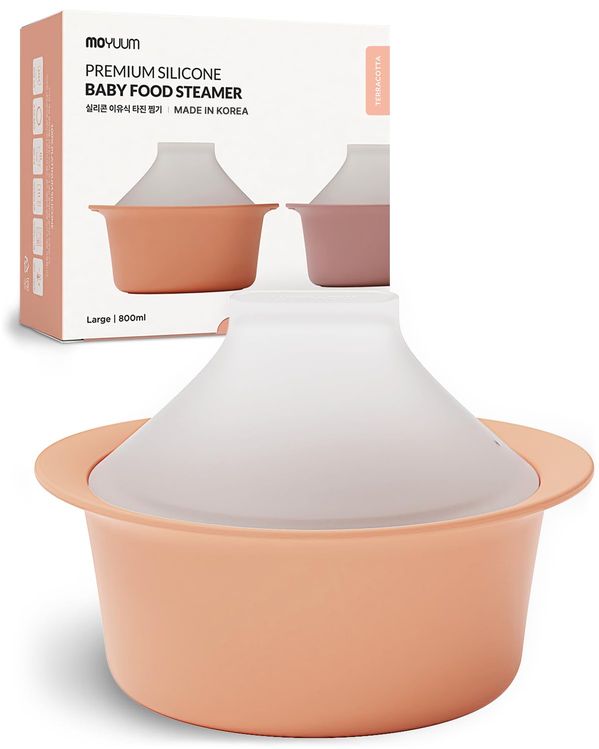 MOYUUM silicone microwave steamer lid showing a secure fit for mess-free steaming.