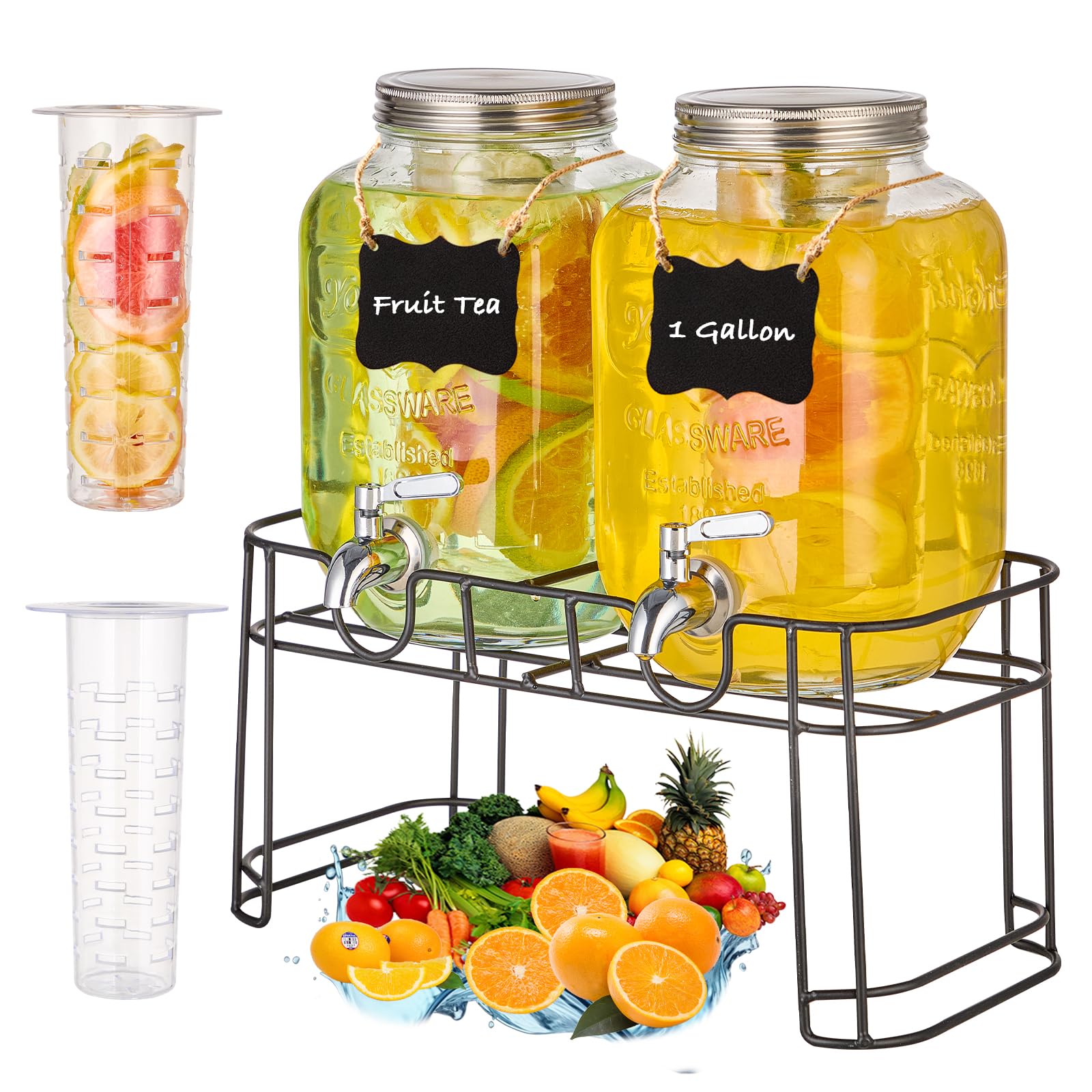 MQRFFTU 1-gallon glass drink dispenser with built-in fruit infuser for fresh flavors.