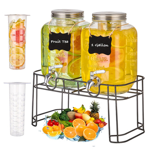MQRFFTU 1-gallon glass drink dispenser with built-in fruit infuser for fresh flavors.