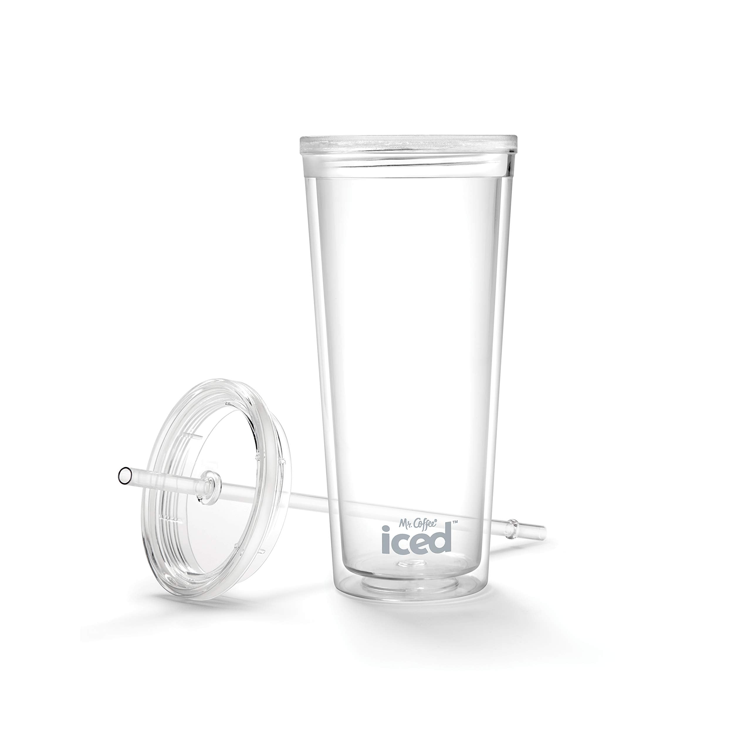 Mr. Coffee iced coffee tumbler with lid and straw for on-the-go refreshment.
