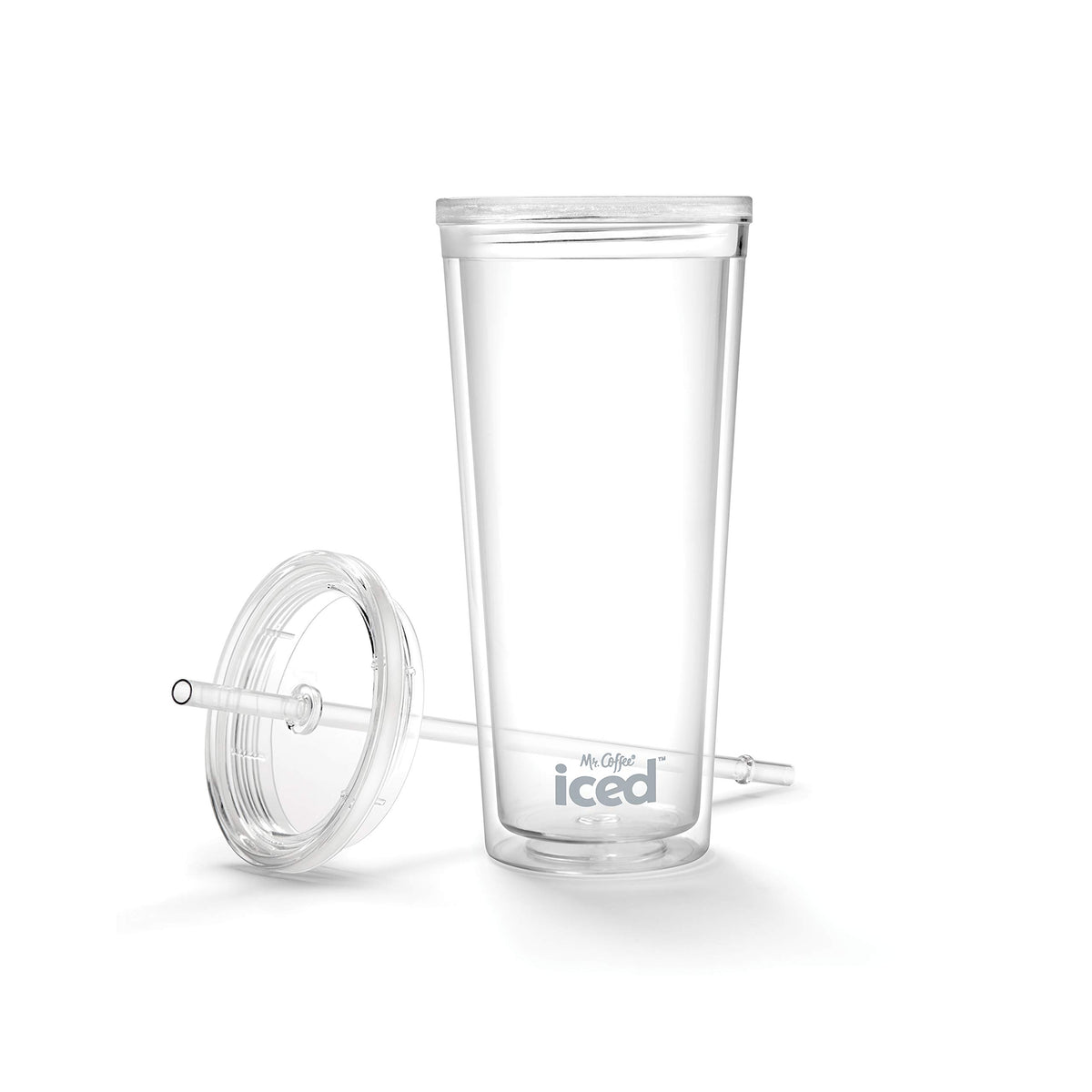 Mr. Coffee iced coffee tumbler with lid and straw for on-the-go refreshment.