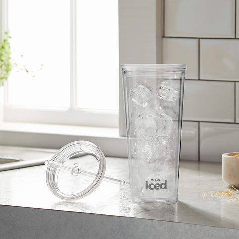 Mr. Coffee tumbler shows water and ice measurements for consistency.