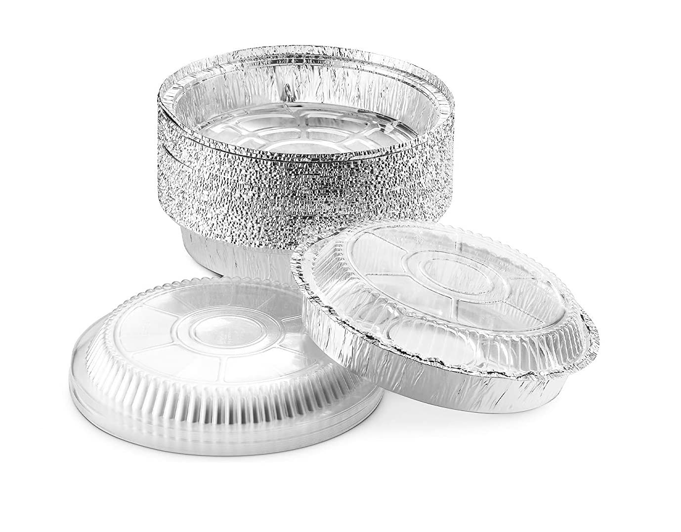 Close-up of Mr Miracle disposable aluminum pans with lids for easy heating and storage.