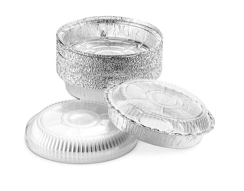 Close-up of Mr Miracle disposable aluminum pans with lids for easy heating and storage.