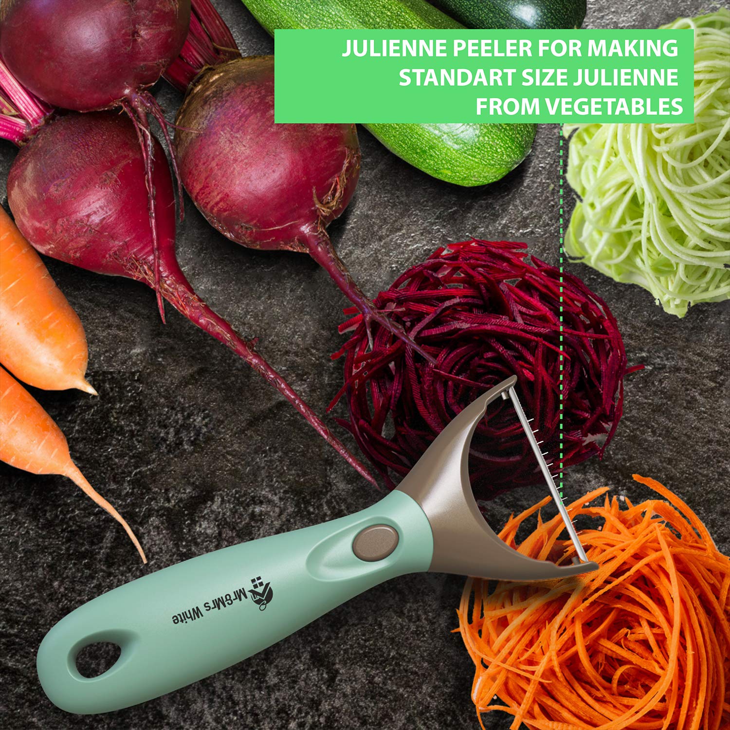 Mr&Mrs White julienne peeler creates thin strips for salads and garnishes.