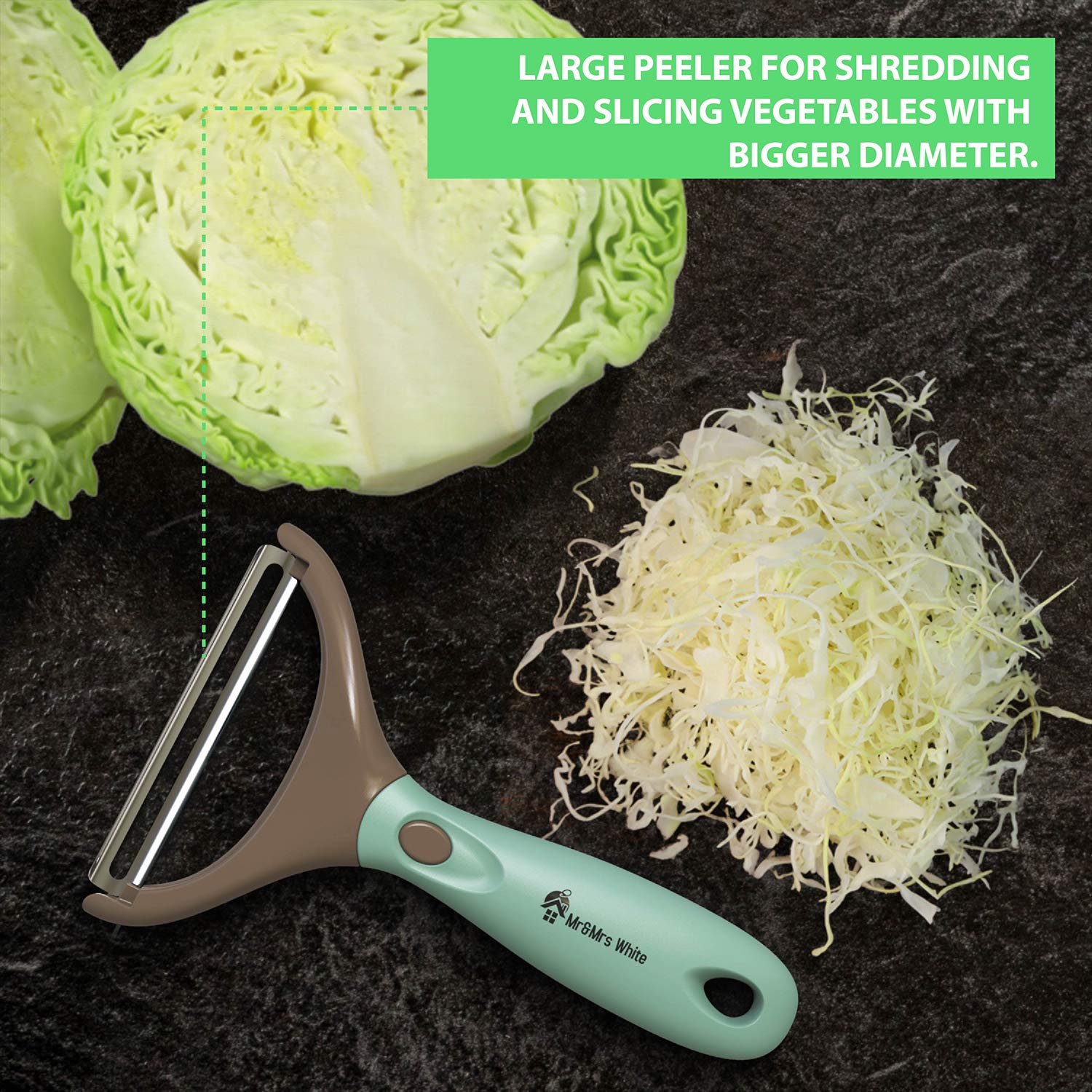 Mr&Mrs White wide peeler handles larger vegetables with ease.
