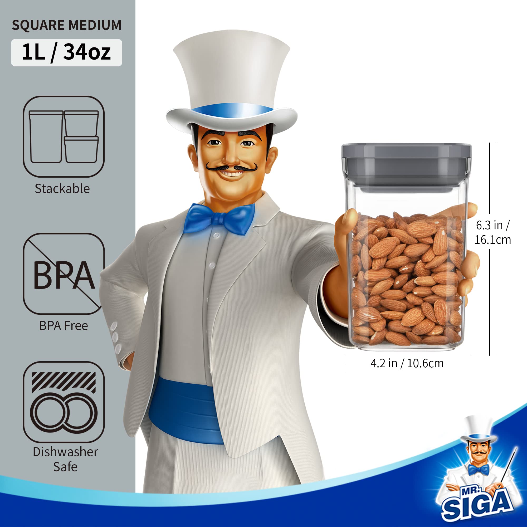 MR.SIGA one-handed lid operation shows convenient squeeze-to-open sealing.
