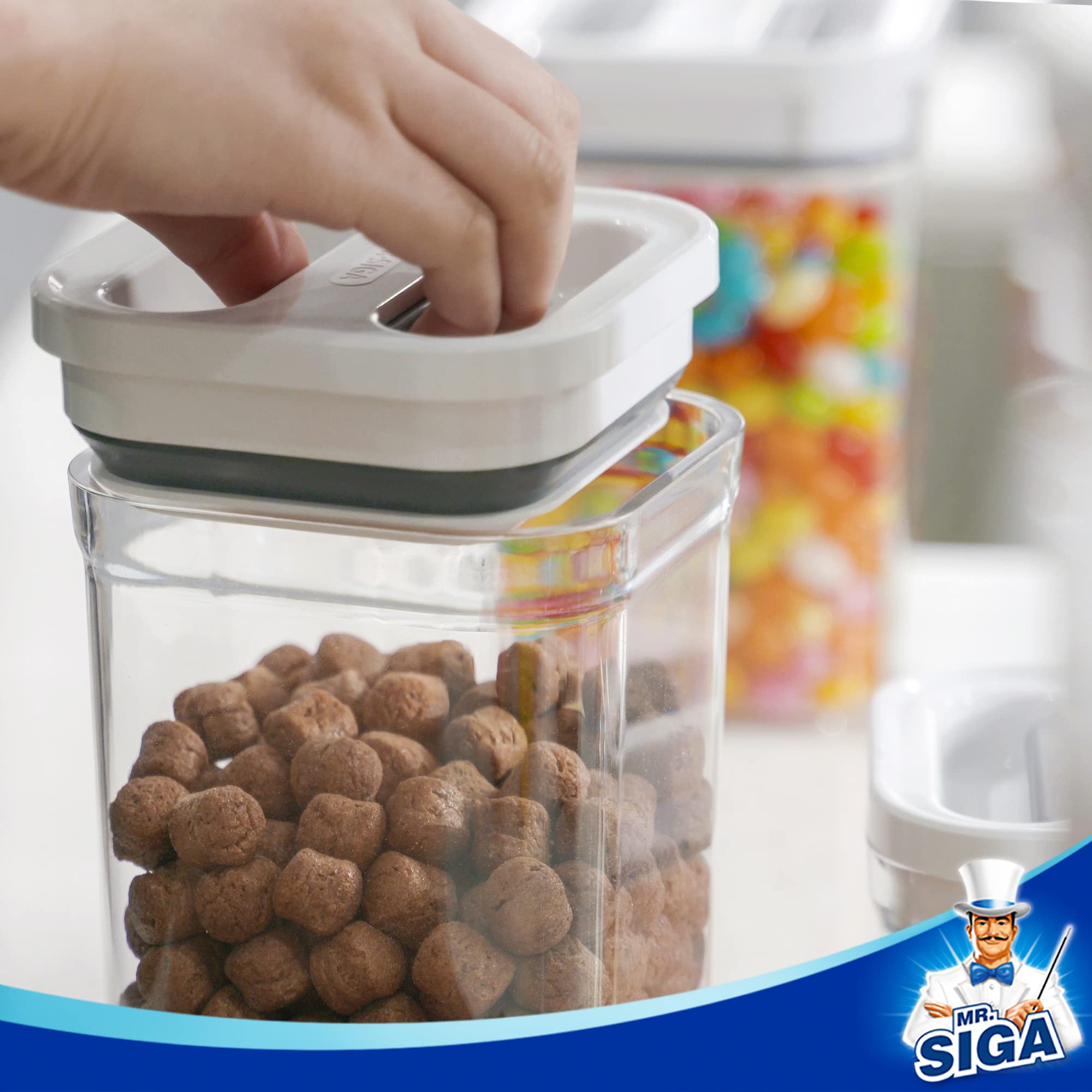 MR.SIGA stackable design maximizes cabinet space while keeping contents visible.