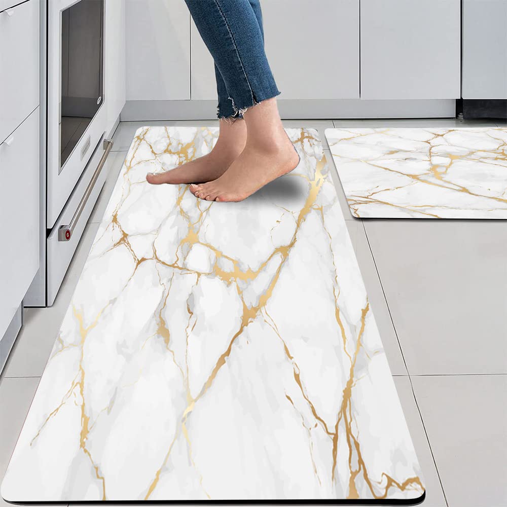 Mrcrypos Gold White Kitchen Rug 2pc marble pattern adds cushioned comfort to your space