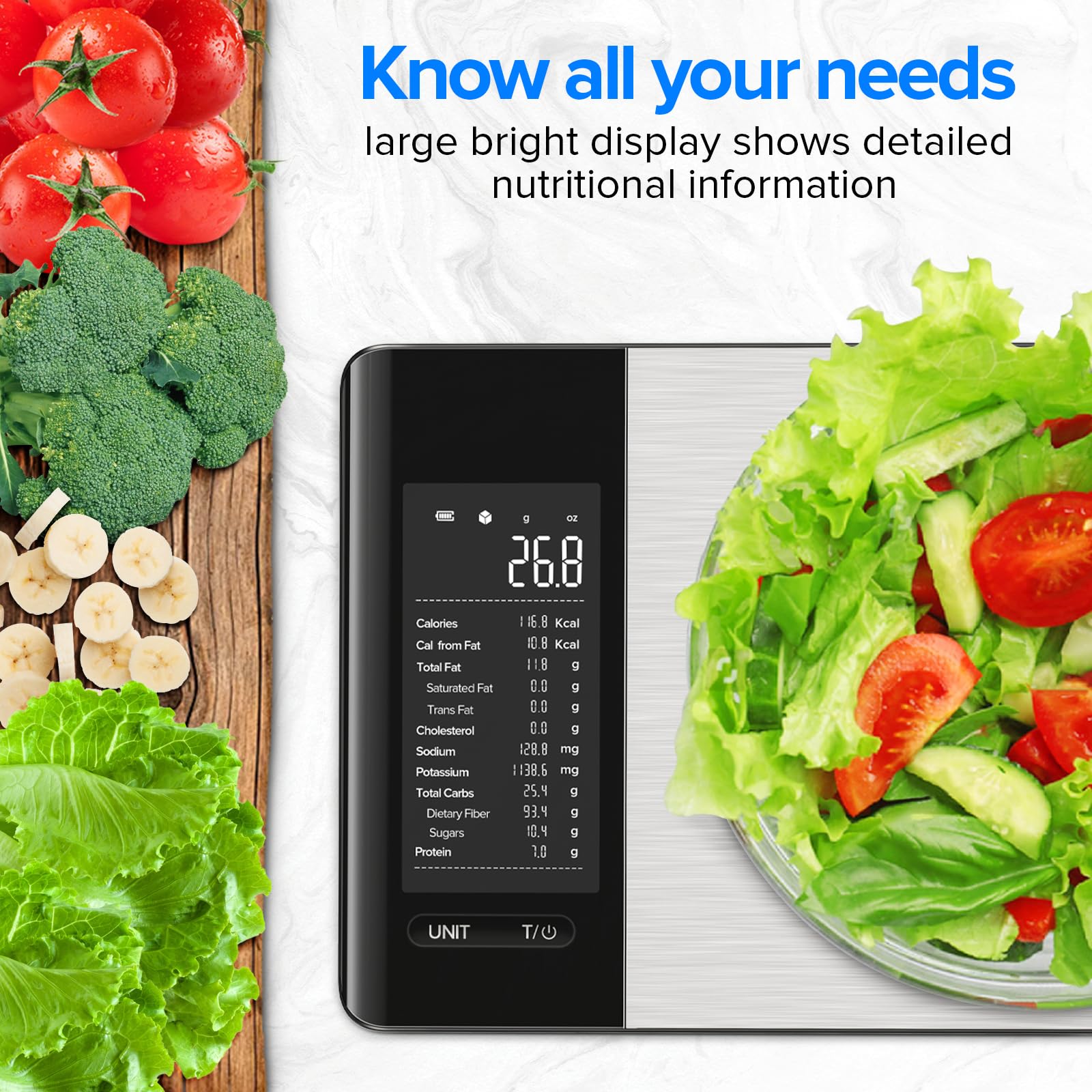 MrOwner smart scale LCD display shows calories and macros at a glance.