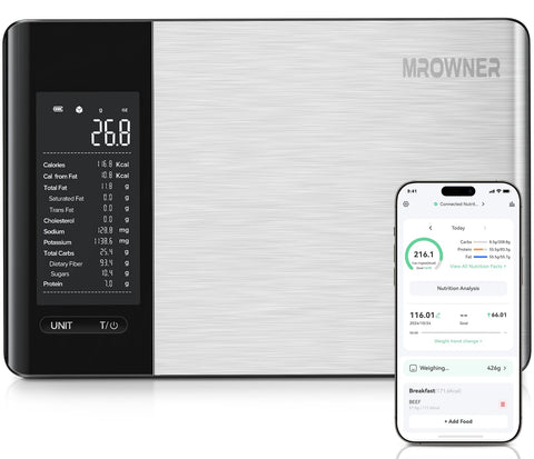 MrOwner smart scale with nutrition calculator on a clear LCD display for precise tracking.