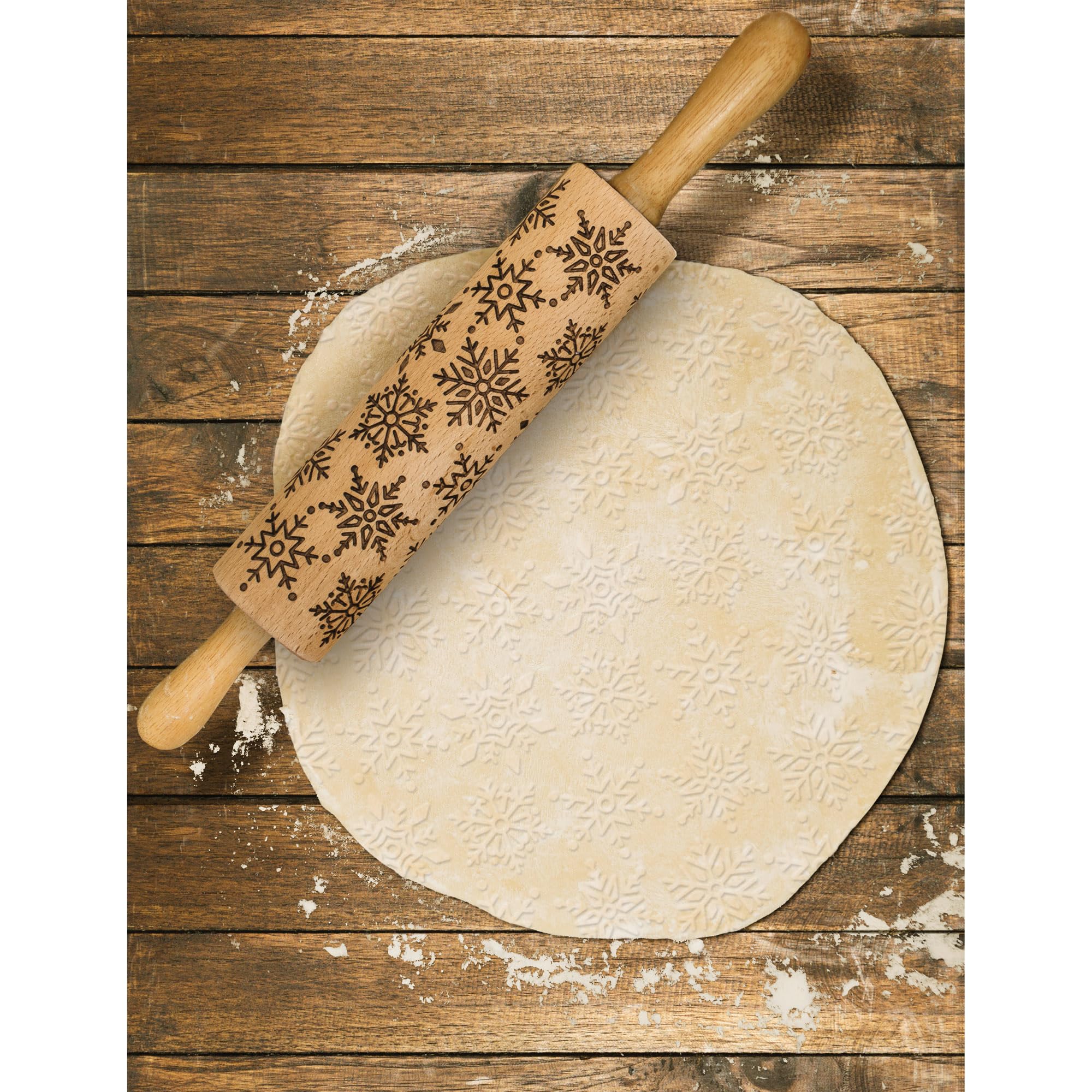 Laser-etched snowflake surface embossing on the rolling pin