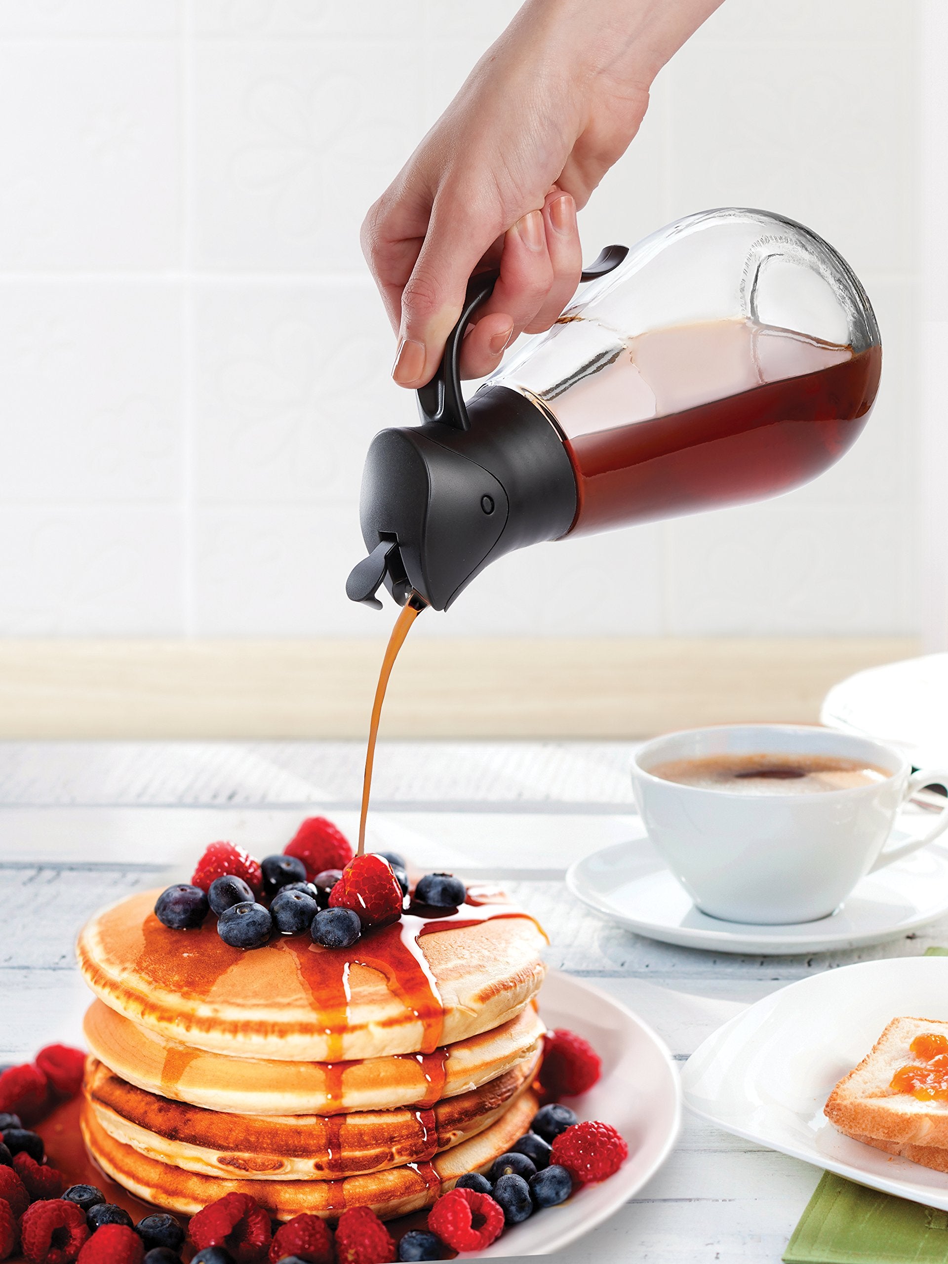 Mrs. Anderson's Store'N Pour Syrup Dispenser showing drip-free spout for precise pours.