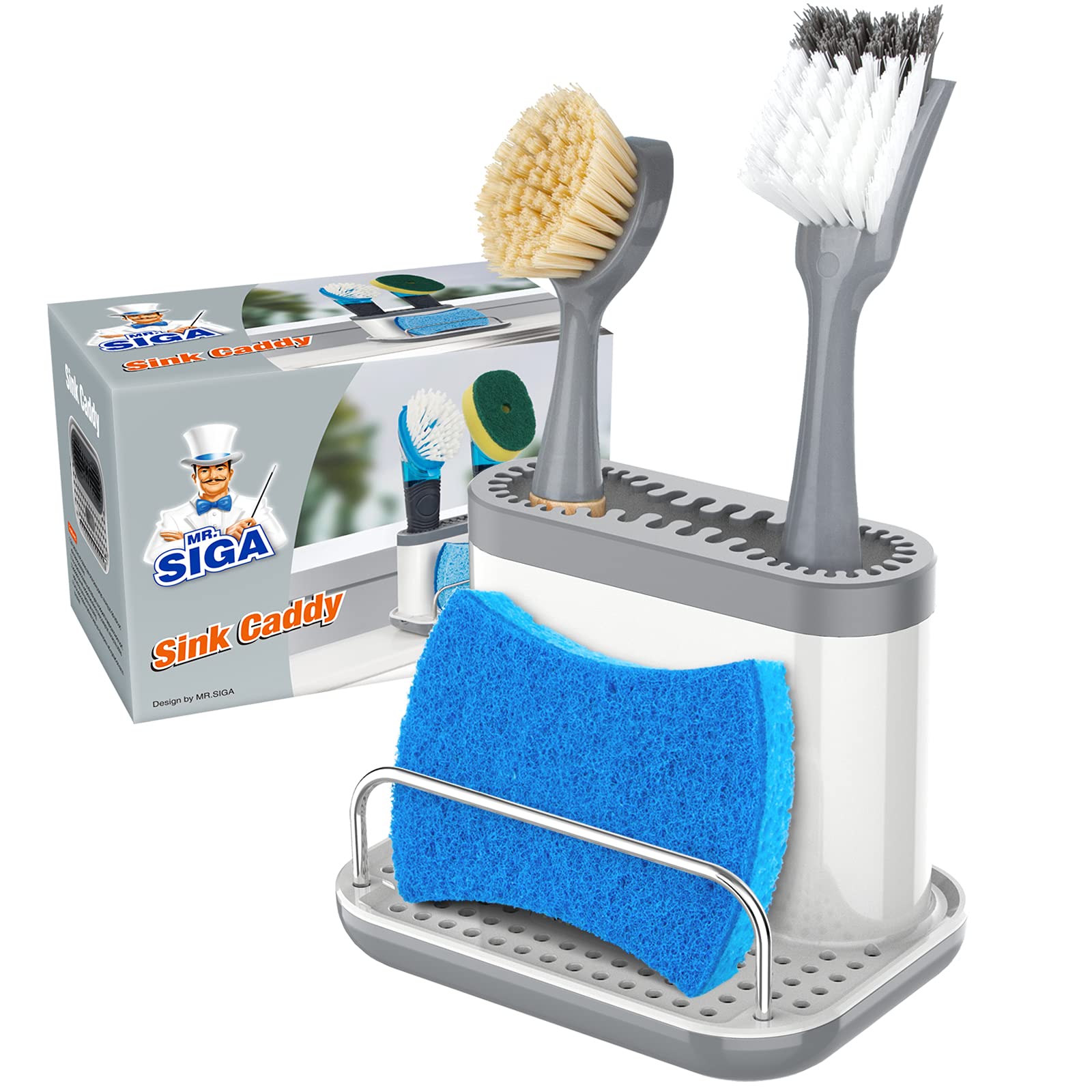 MR.SIGA sink caddy front compartments keep sponges handy and organized.
