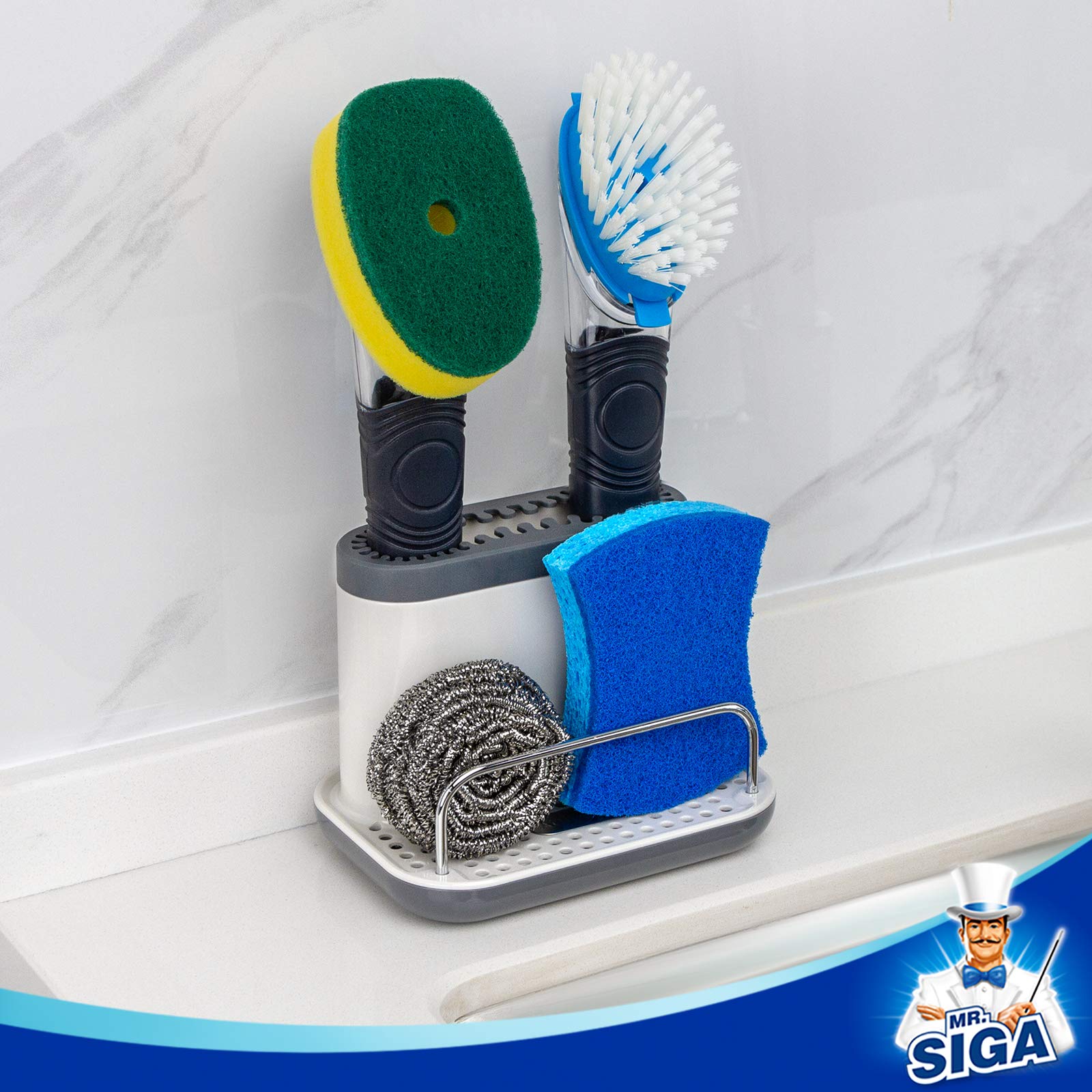 MR.SIGA sink caddy ventilated base speeds drying of cleaning tools.