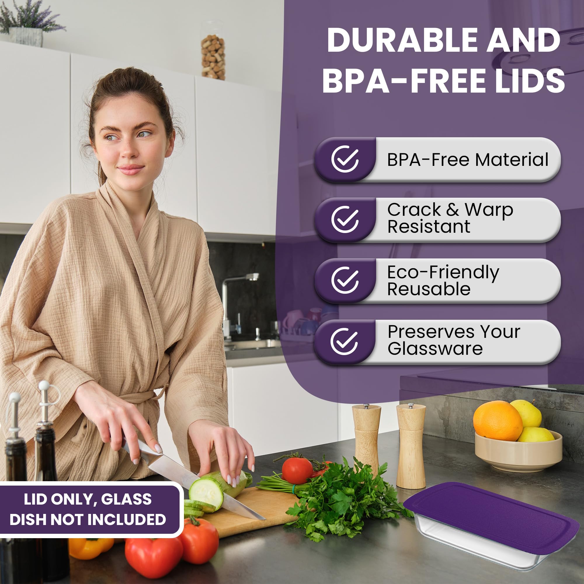 Purple color lid complements Pyrex glass dishes while providing a dependable cover.
