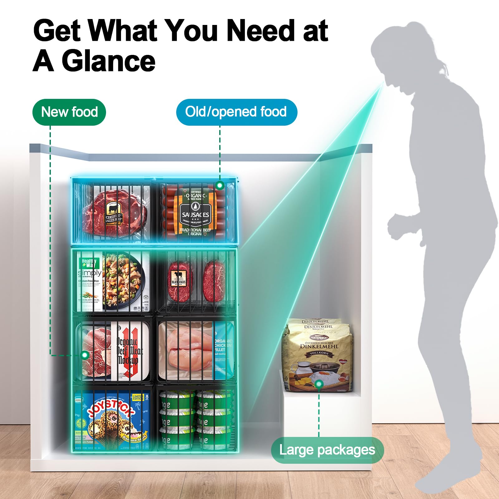 MSERCUOR freezer-bin meat-organization keeps proteins neatly separated and accessible.