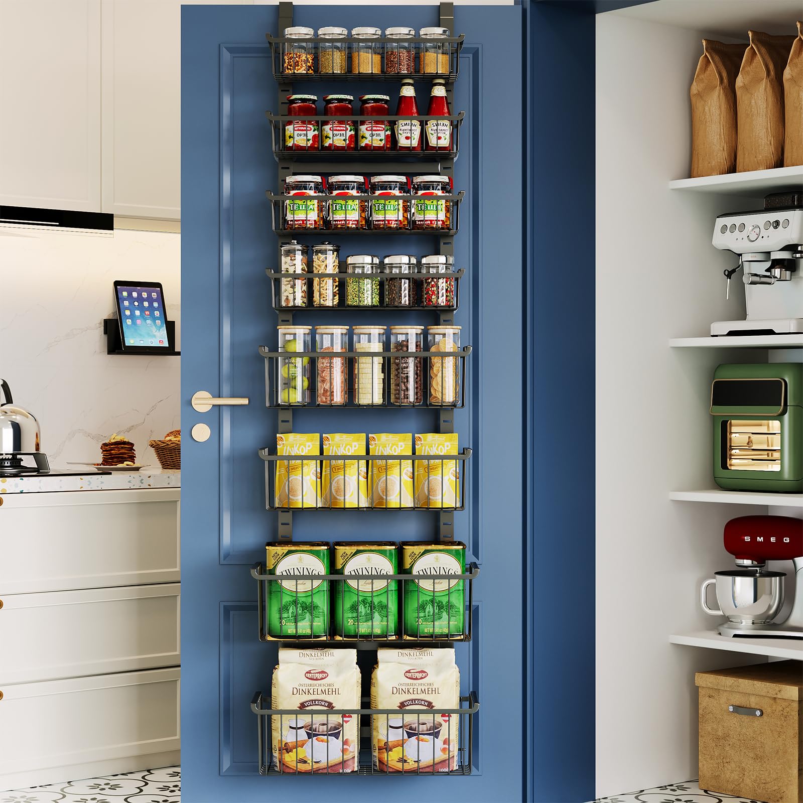 MSERCUOR over-door pantry organizer in black with 8 tiers for space-saving storage
