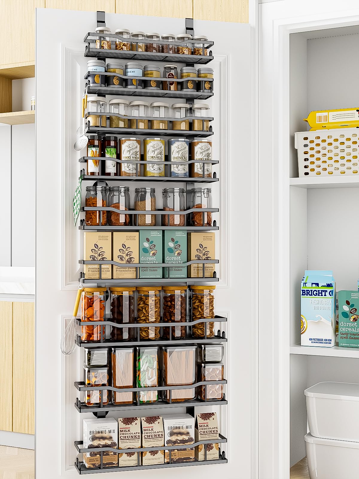 MSERCUOR over door pantry organizer 9-tier with quick, adjustable storage for spices.