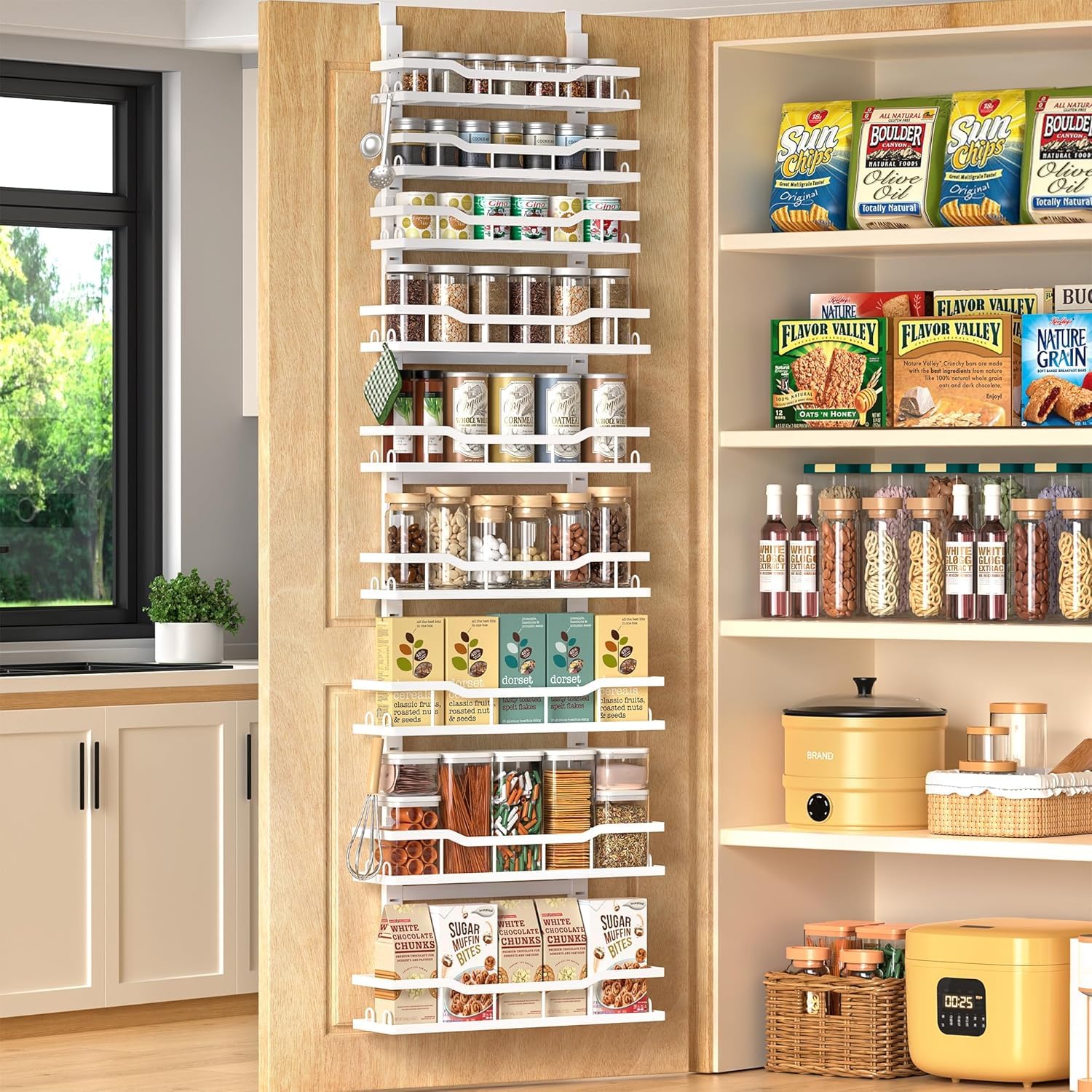 MSERCUOR over-door pantry organizer 9-tier keeps pantry items neatly arranged