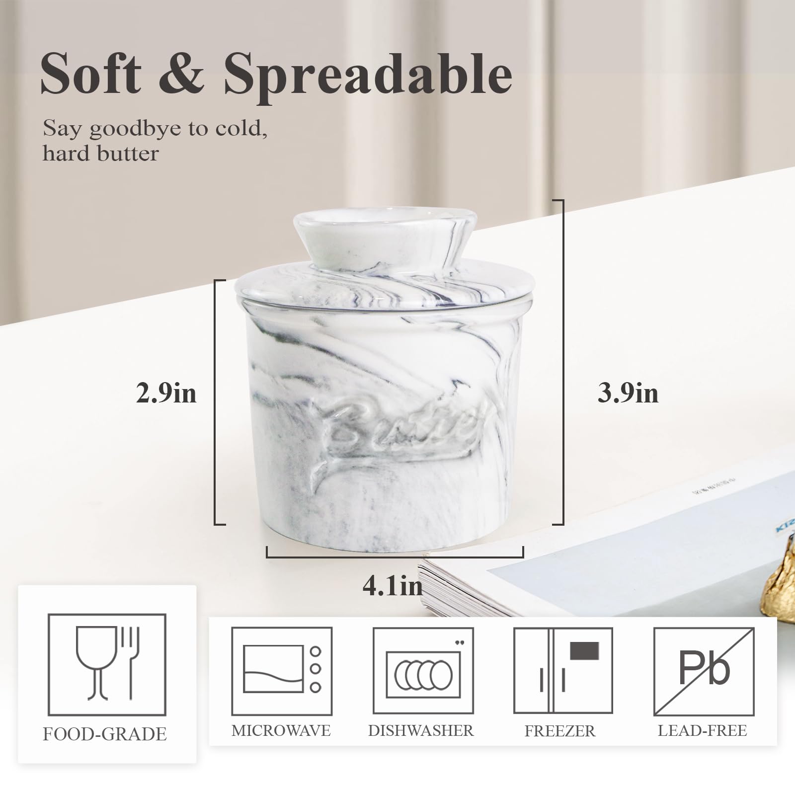 MSJGA marble ceramic butter dish on a counter adds elegant kitchen decor