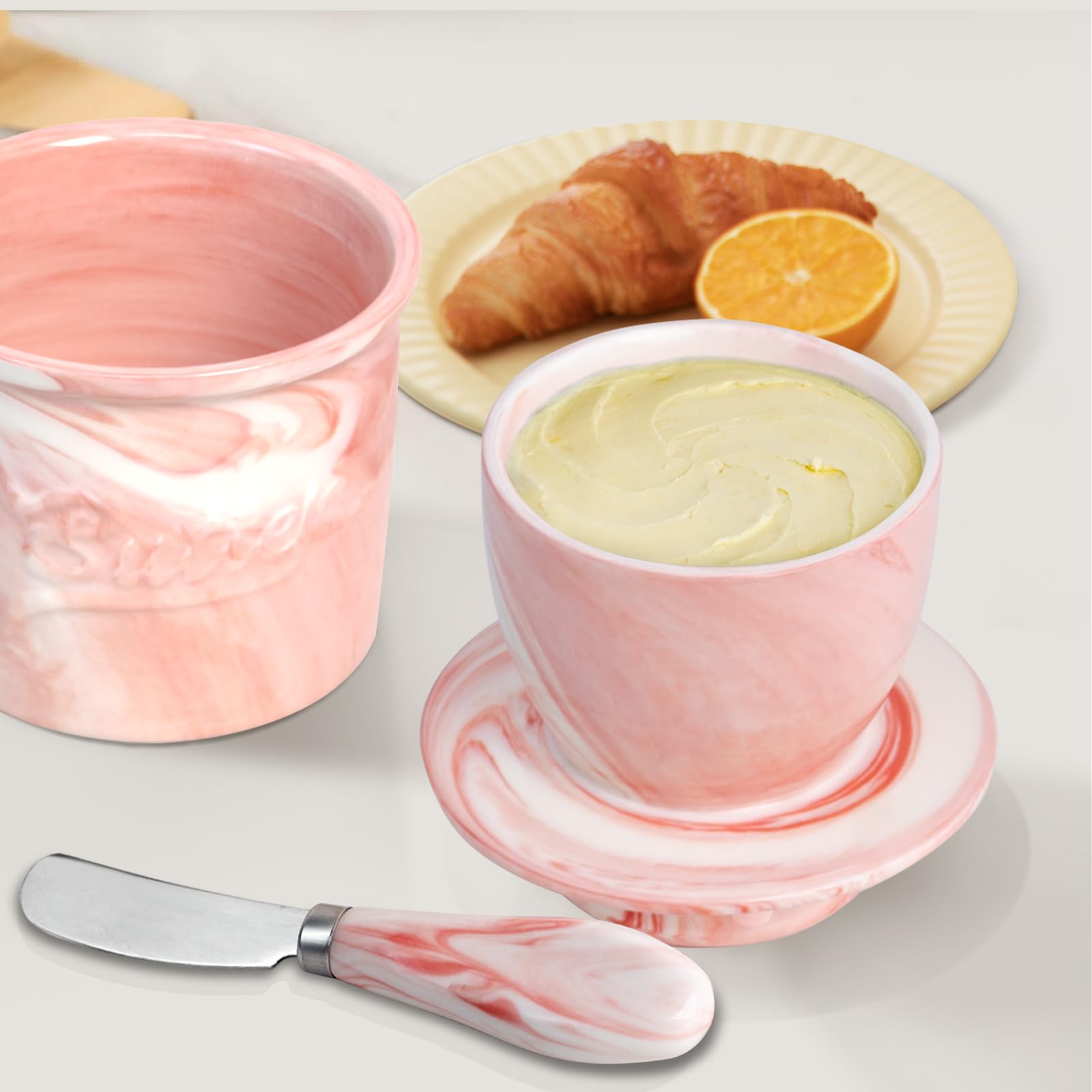MSJGA marble pink butter crock on counter for easy butter access.