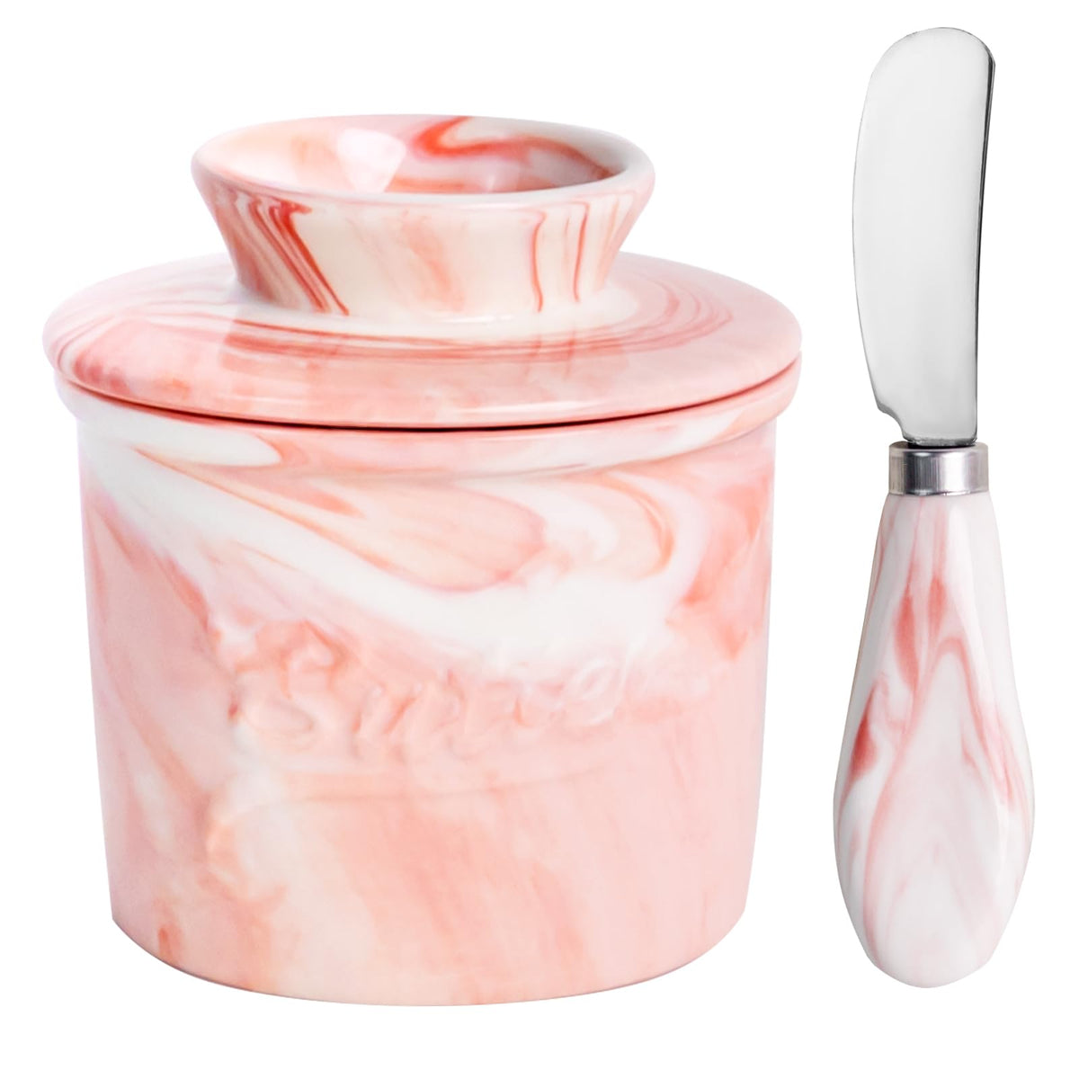 MSJGA butter crock marble pink lid closeup for stylish butter storage.