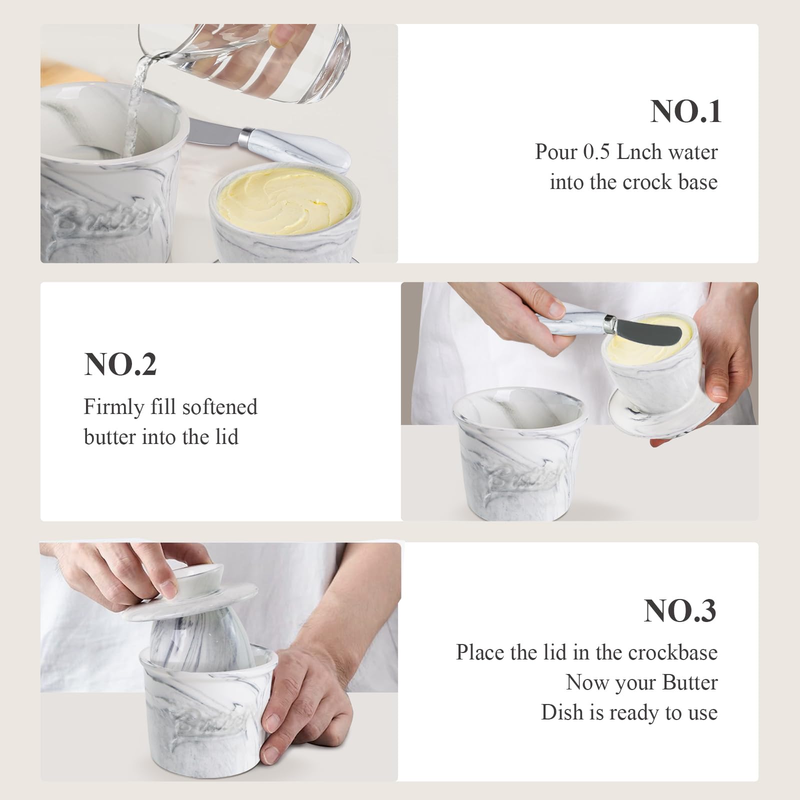 MSJGA butter crock on countertop with marble white finish blends with kitchen decor