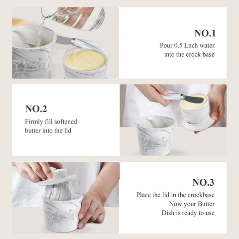 MSJGA butter crock on countertop with marble white finish blends with kitchen decor