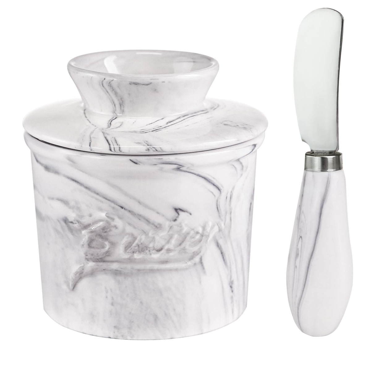 MSJGA ceramic butter crock marble white with lid keeps butter fresh and ready to spread