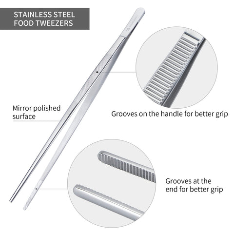 MSY BIGSUNNY tweezers shown for grilling and flipping on a barbecue.