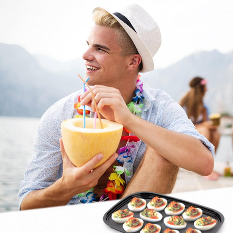 MT Products deviled egg platter with black base keeps halves secure during transport