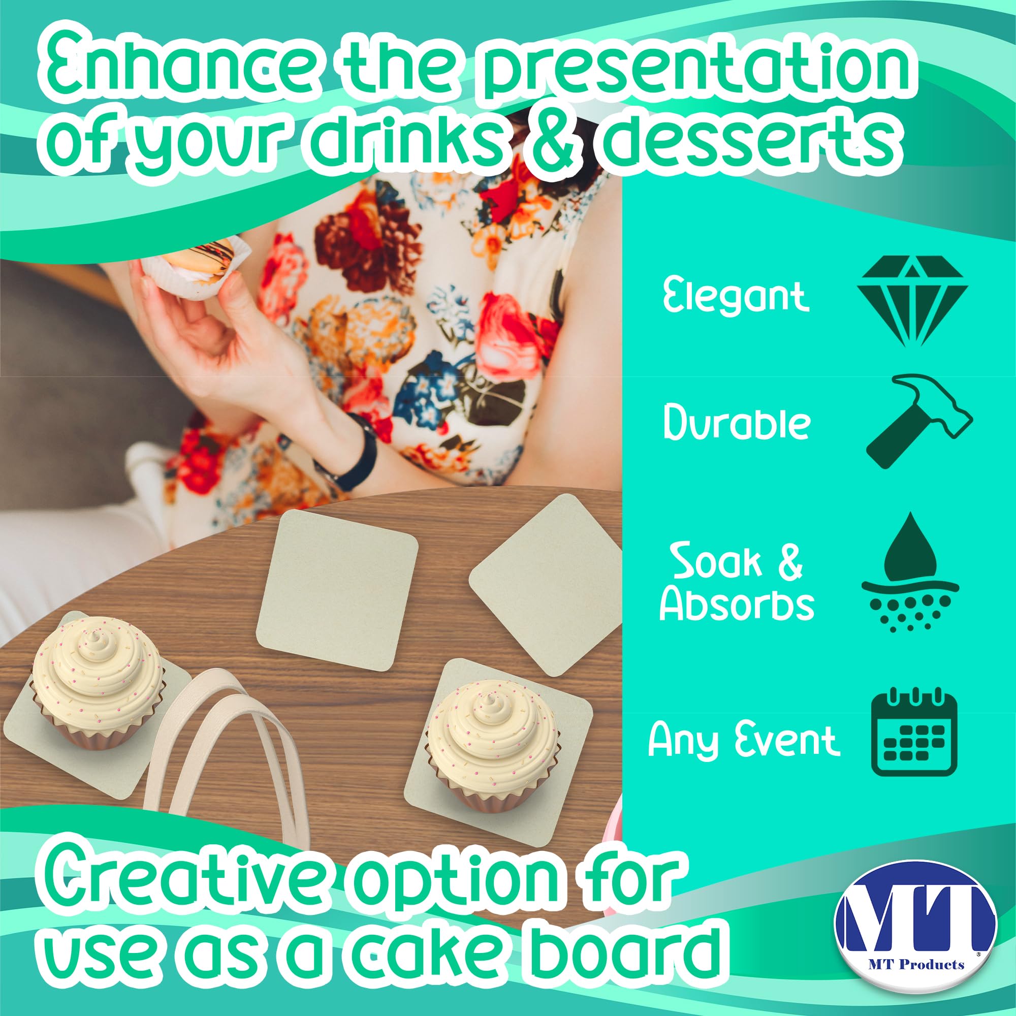 MT Products coasters used as cake boards for desserts.