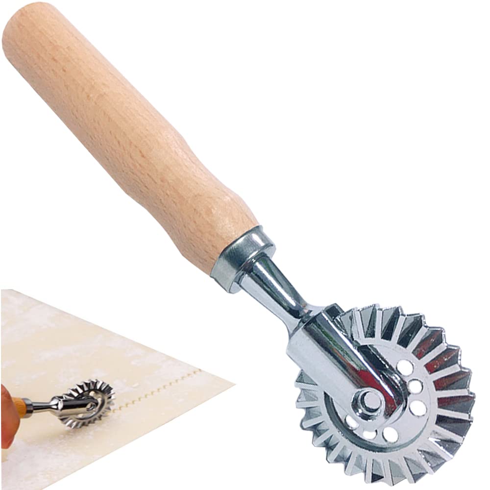 MTOMDY pastry wheel cutter with fluted roller for precise cuts in dough.