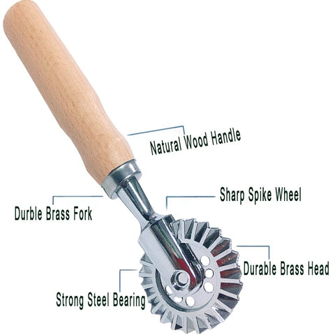 MTOMDY pastry wheel with wooden handle for comfortable grip.