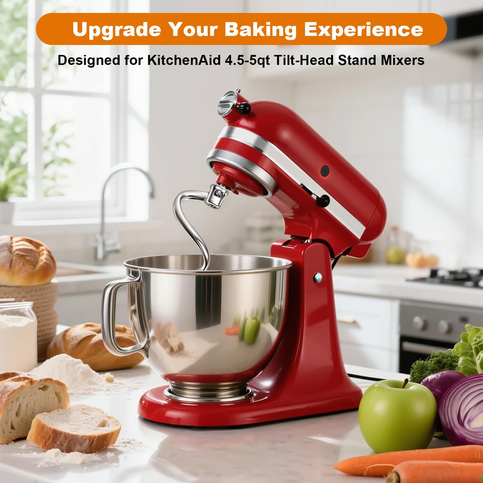 Spiral design applies downward pressure for even gluten development in heavy doughs.