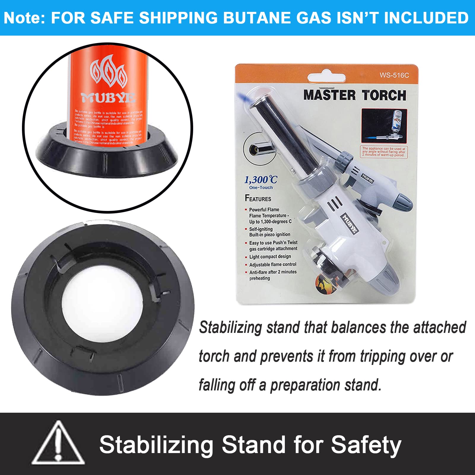 MUBYE butane torch piezo-ignition showing quick lighting for busy cooks