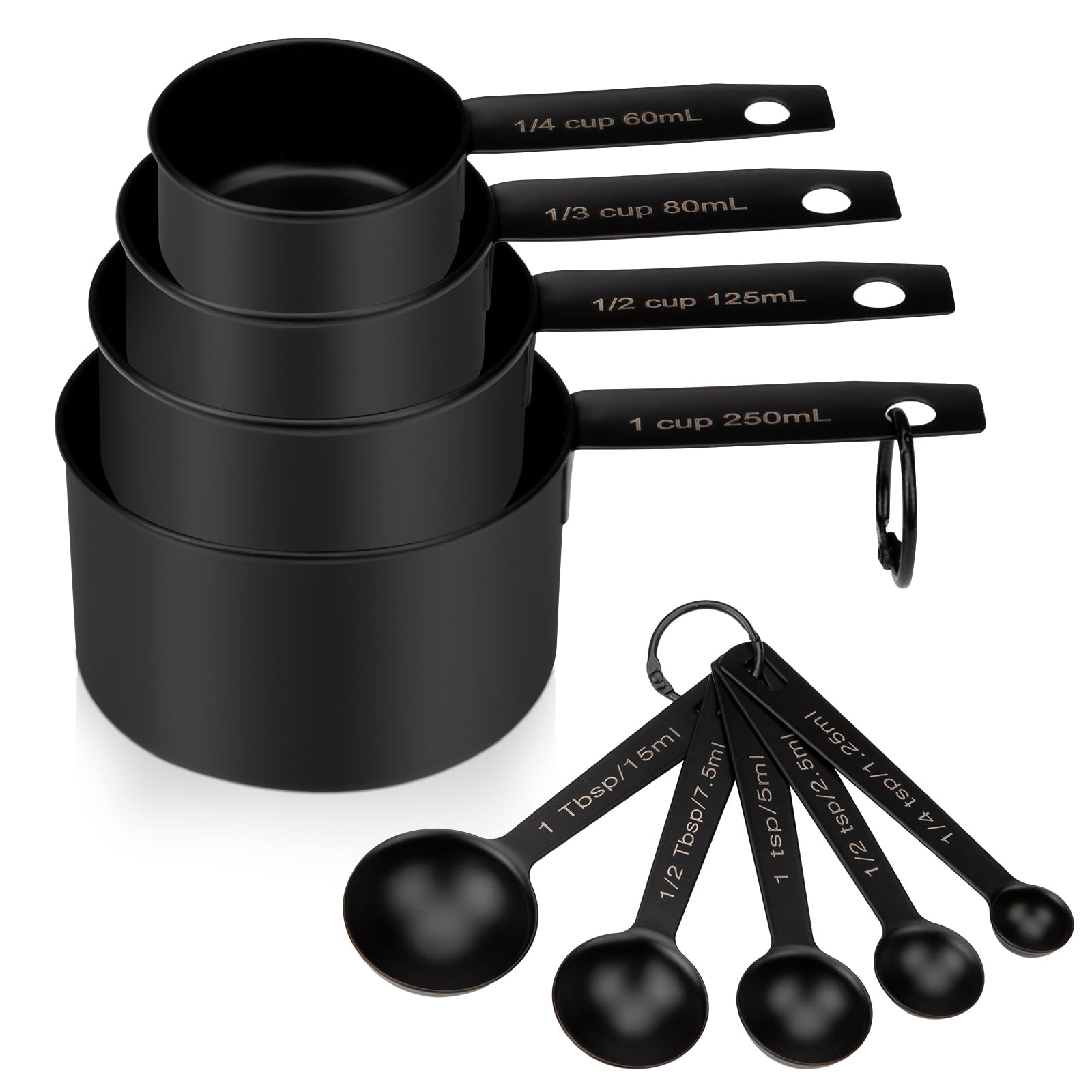 Muchtolove 9-piece set close-up, rugged stainless steel for precise baking measurements.