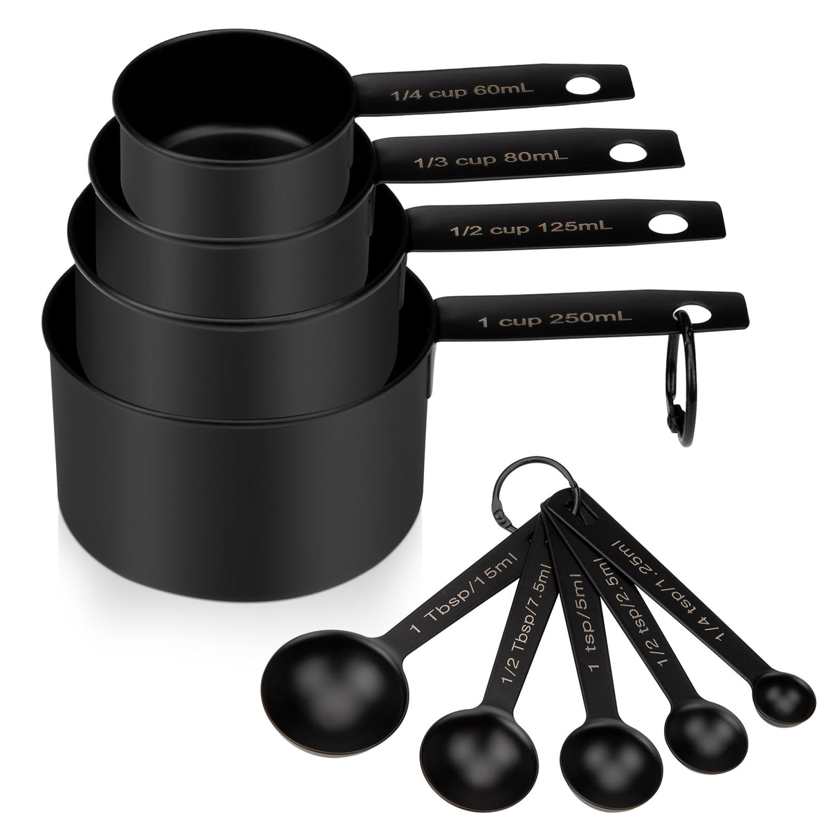 Muchtolove 9-piece set close-up, rugged stainless steel for precise baking measurements.