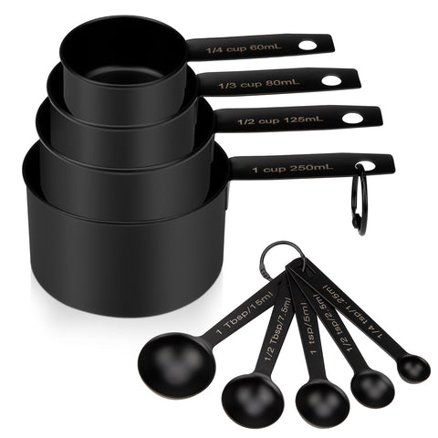 Muchtolove 9-piece set close-up, rugged stainless steel for precise baking measurements.