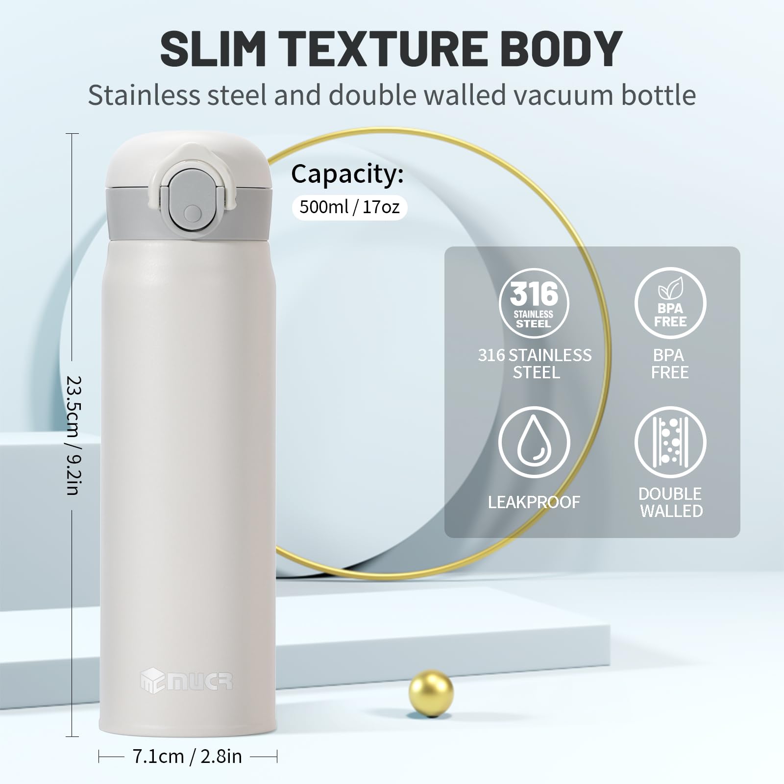 MUCR stainless steel body close-up highlights durable double-wall insulation.
