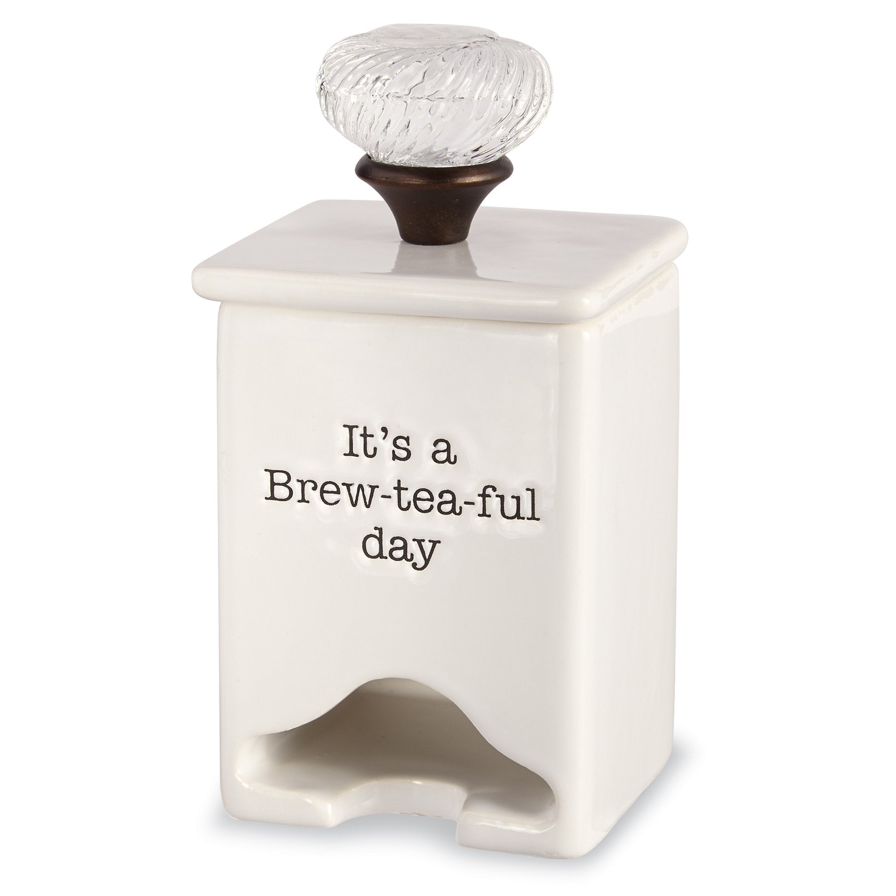 Mud Pie ceramic tea bag caddy with lid for tidy tea prep and easy access.