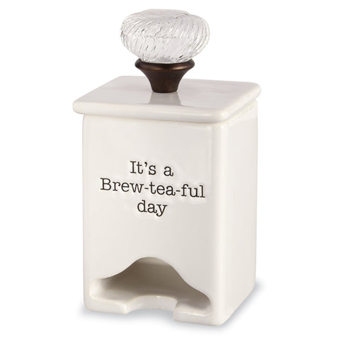 Mud Pie ceramic tea bag caddy with lid for tidy tea prep and easy access.
