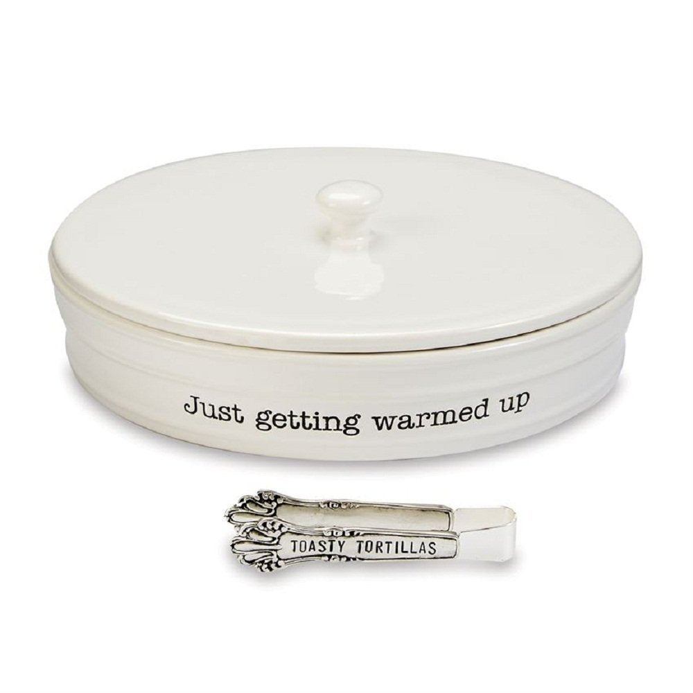 Mud Pie ceramic tortilla warming dish keeps tortillas warm at the table.