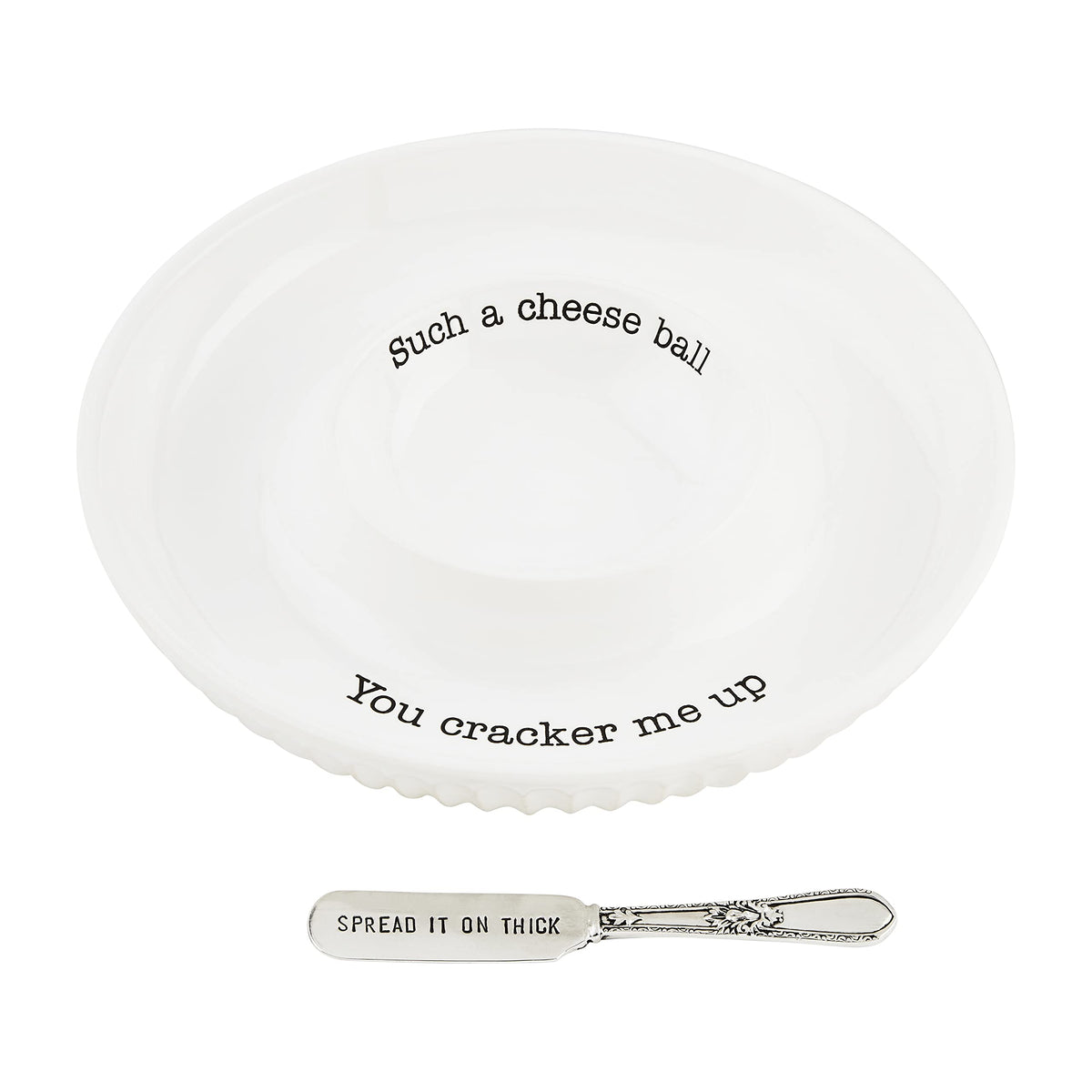 Mud Pie Circa cheese ball dish white with center well for easy serving.